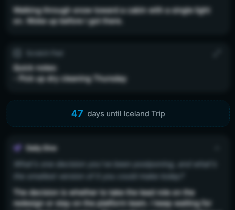 Countdown card highlighted with surrounding content blurred: 47 days until Iceland Trip