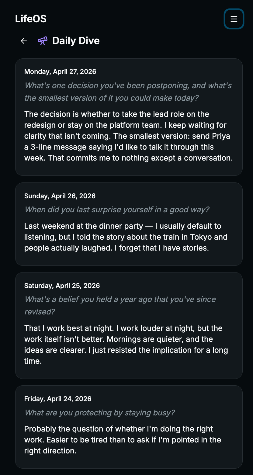 Daily Dive history view: past prompts and responses, one per day, scrolling backward through April 2026