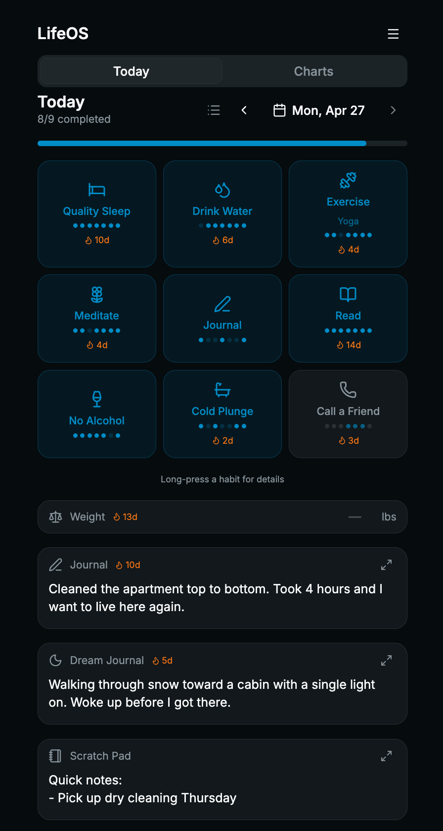 LifeOS today view: nine habit cards in a grid, weight tracker, journal entry, dream journal, and scratch pad